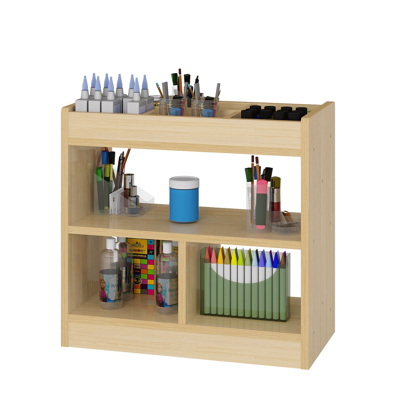 Wooden shelf with various stationery items on a white background