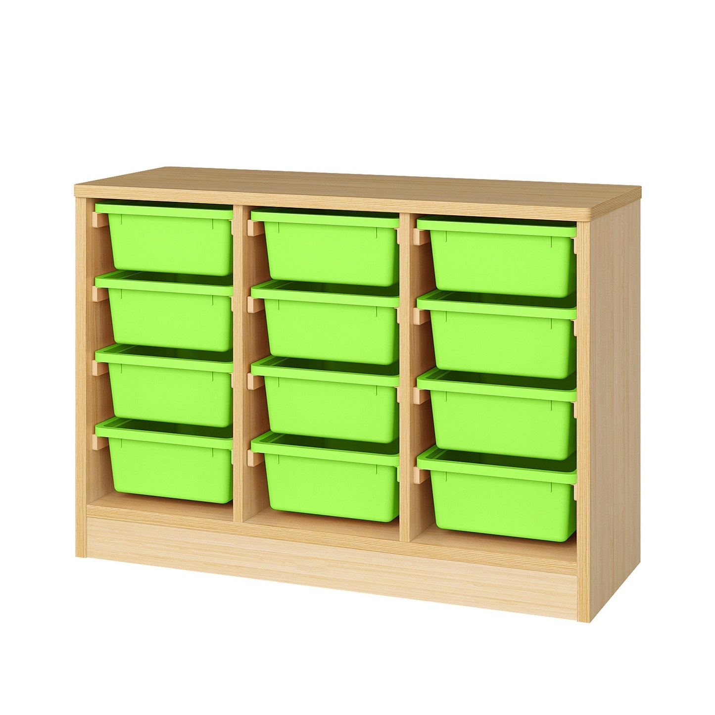 Wooden storage unit with green bins on a white background
