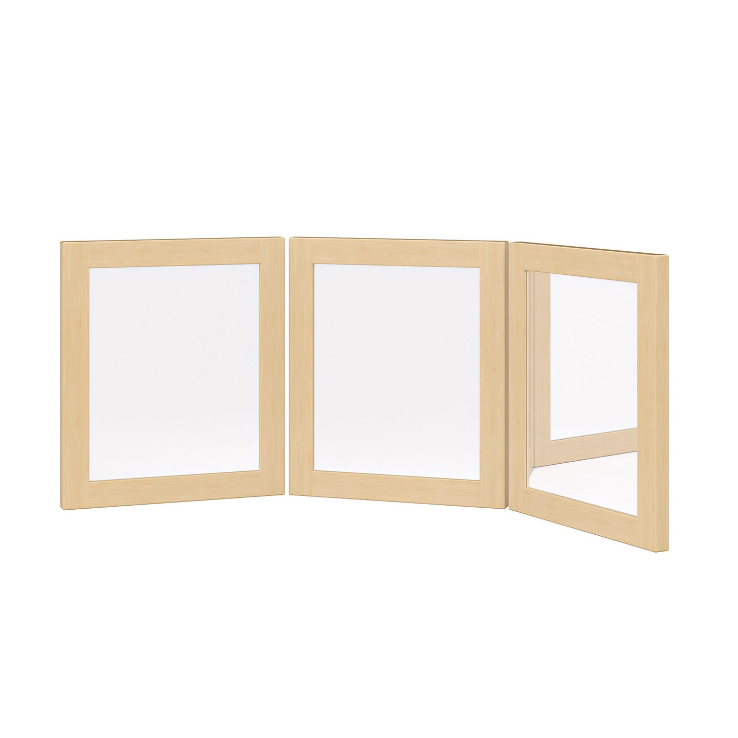 Three-panel wooden framed mirror on a white background