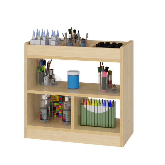 Wooden shelf with various stationery items on a white background