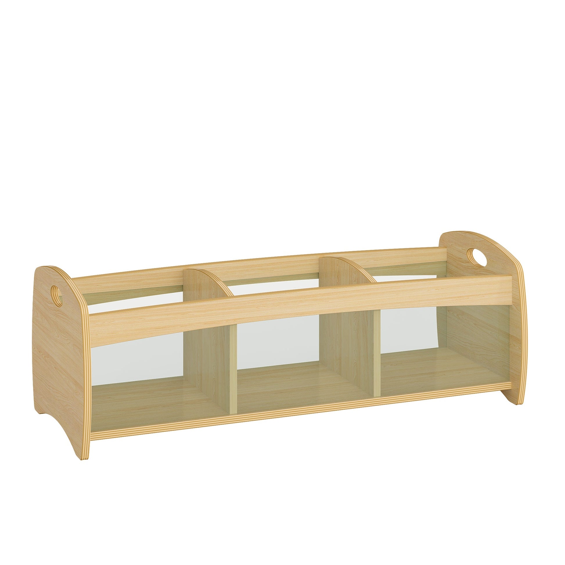 Wooden toy storage box with multiple compartments on a white background