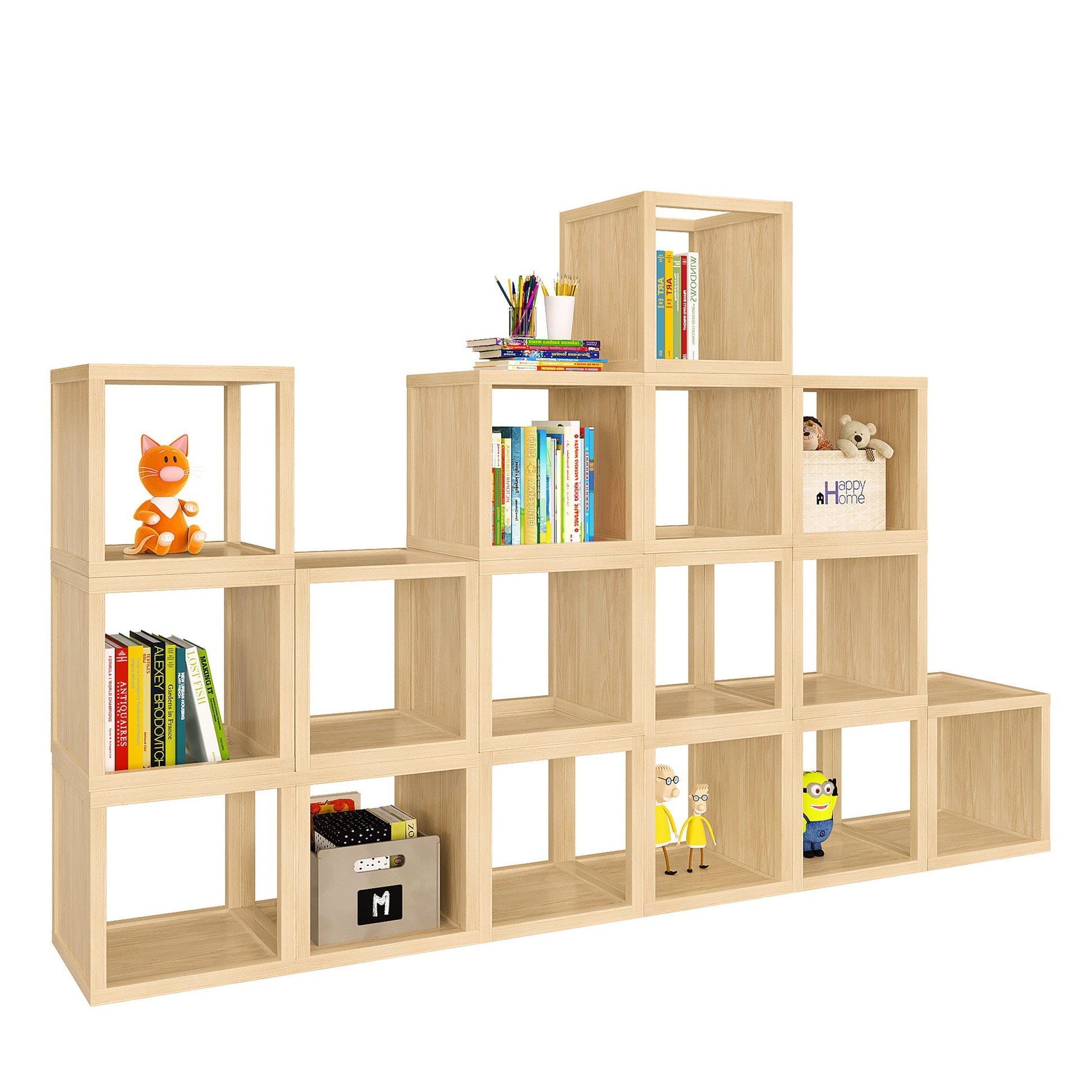 Wooden bookshelf with various items on a white background